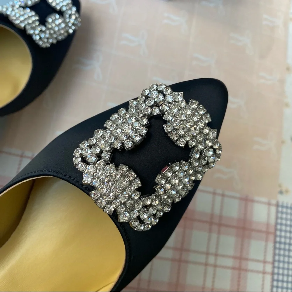 Manolo Blahnik Black Embellished Satin Pointed Toe Flats